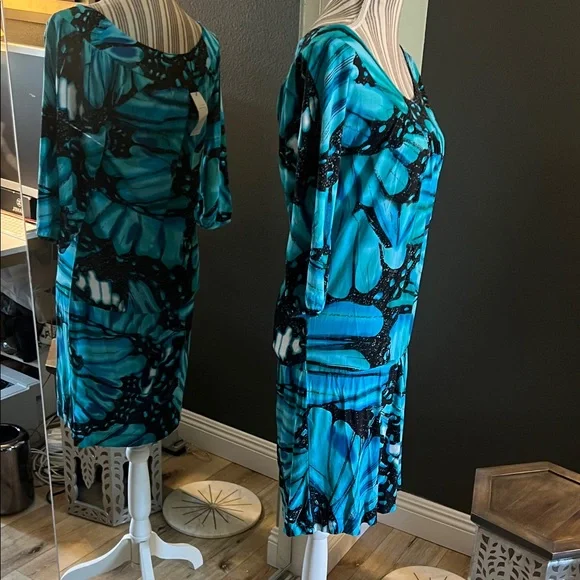 🛑 1 hour sale. NWT. BCBGMaxAzria, Small, Teal & Black Dress, Porcelain Butterfly - Picture 4 of 8